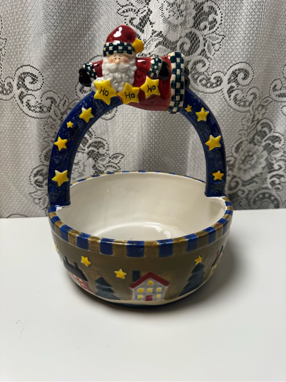 Vintage Palm Tree Company Ceramic Santa Ho Ho Ho Basket Bowl Candy Dish 1990’s